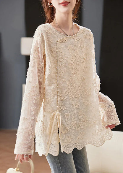 Casual Beige Embroidered Nail Bead Lace Up Chiffon Shirt Spring