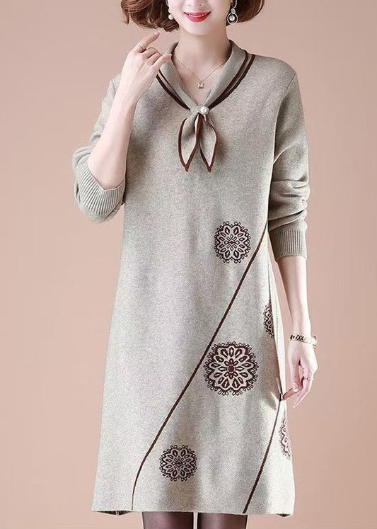 Natural Khaki Peter Pan Collar Cotton Knit Long weater Dress Fall