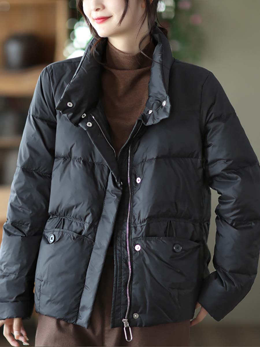 Women Casual Zipper Pocket Solid Warm Down Coat