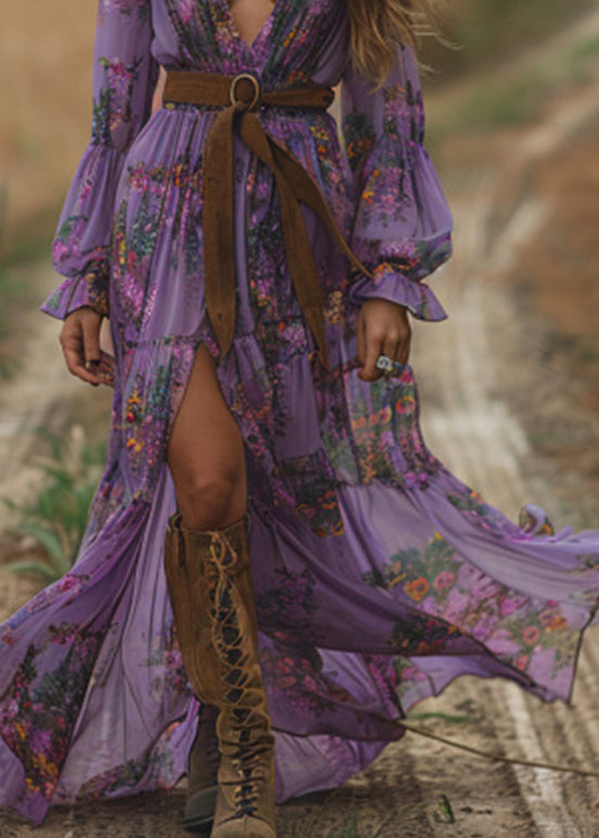 Boho-Purple-V-Neck-Print-Patchwork-Chiffon-Holiday-Dress-Spring
