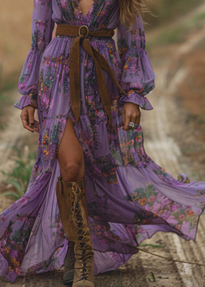 Boho-Purple-V-Neck-Print-Patchwork-Chiffon-Holiday-Dress-Spring