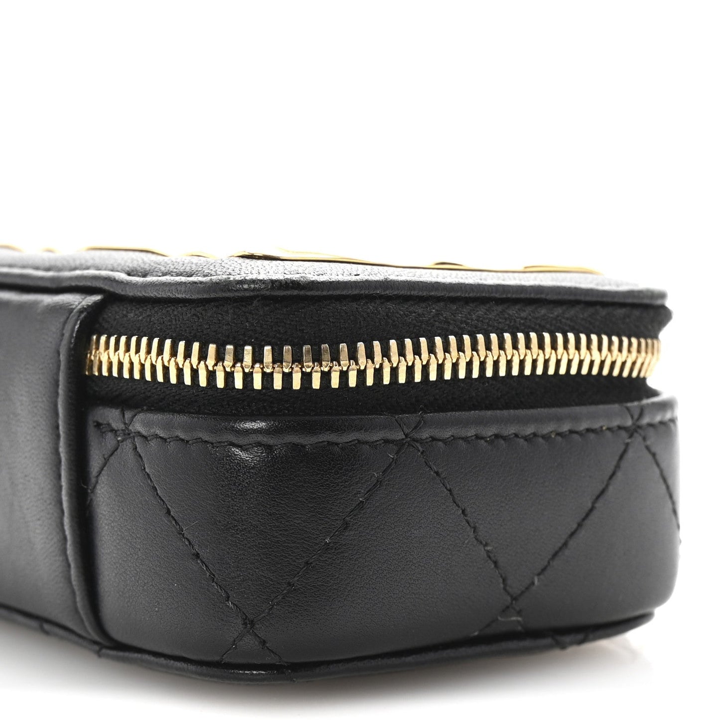 Lambskin Metal Quilted Extra Mini Vanity Case With Chain Black Gold