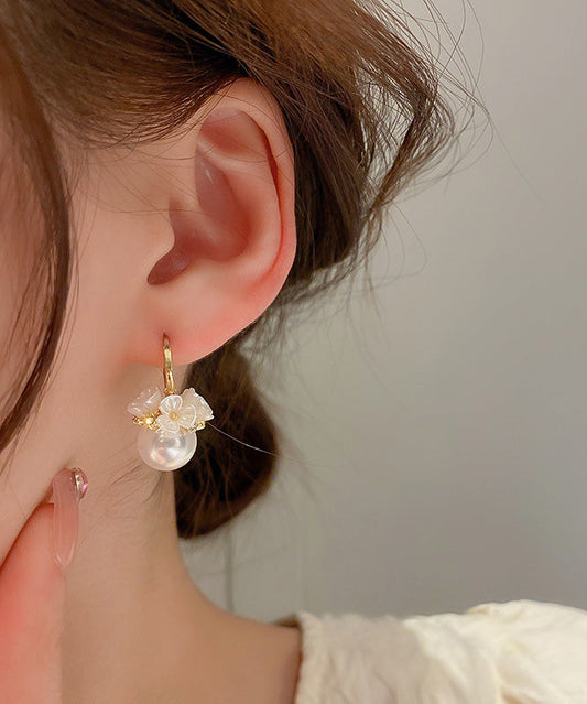 2025 New Gold Copper Alloy Zircon Pearl Floral Hoop Earrings