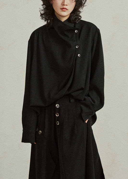 Black Stand Collar Patchwork Solid Tops Fall