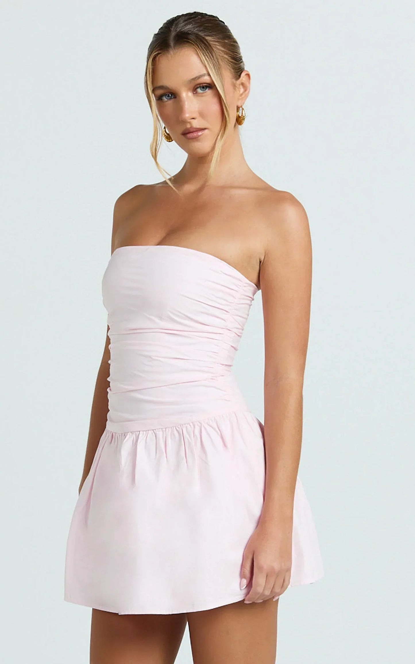 Donatella Mini Dress - Strapless Drop Waist Dress In Pink