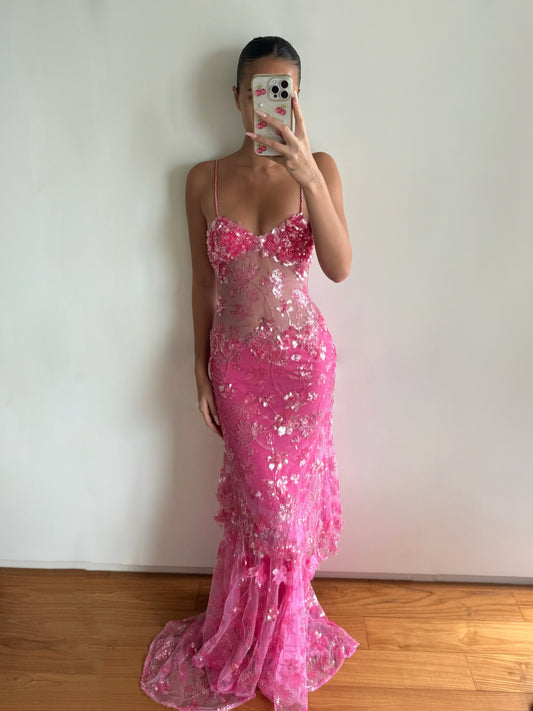 Pink Floral Sequin Sheer Mermaid Gown with Train