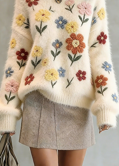 Natural Beige O-Neck Embroidered Cotton Knit Sweater Tops Spring