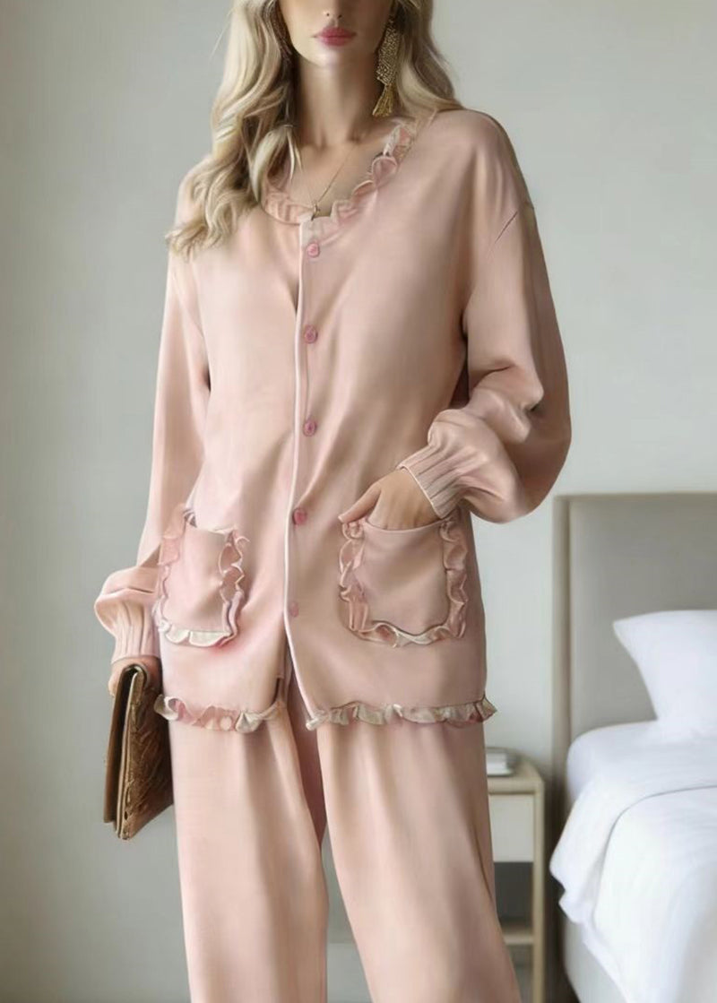 Cute Pink Ruffled Patchwork Pajamas Two Piece Set Long Sleeve