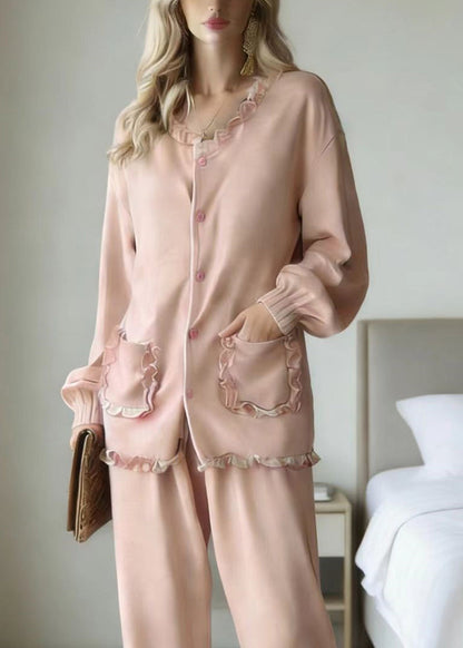 Cute Pink Ruffled Patchwork Pajamas Two Piece Set Long Sleeve