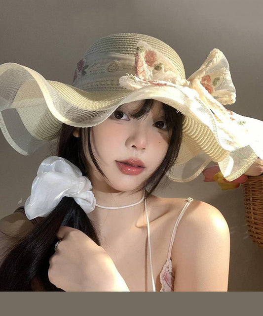 French Beige Ruffled Lace Bow Floppy Sun Hat