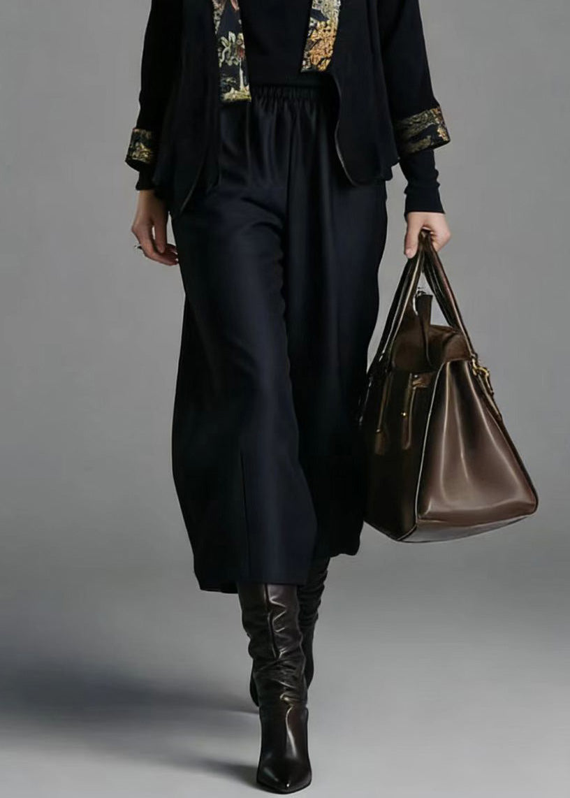Chinese Style Cardigans And Wide Leg Pants Silk Two Pieces Set Spring