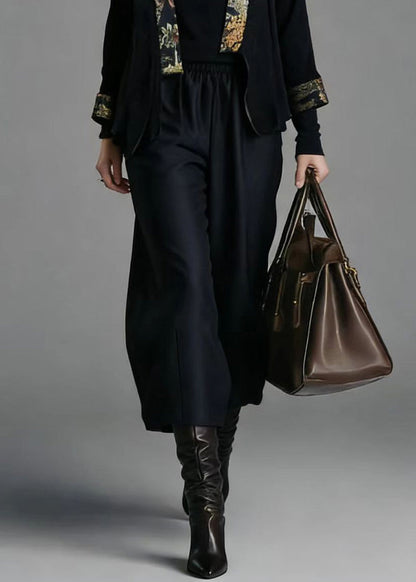 Chinese Style Cardigans And Wide Leg Pants Silk Two Pieces Set Spring