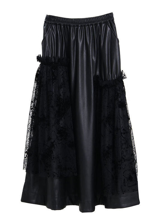 Plus Size Black elastic waist lace Patchwork Faux Leather Skirt Spring