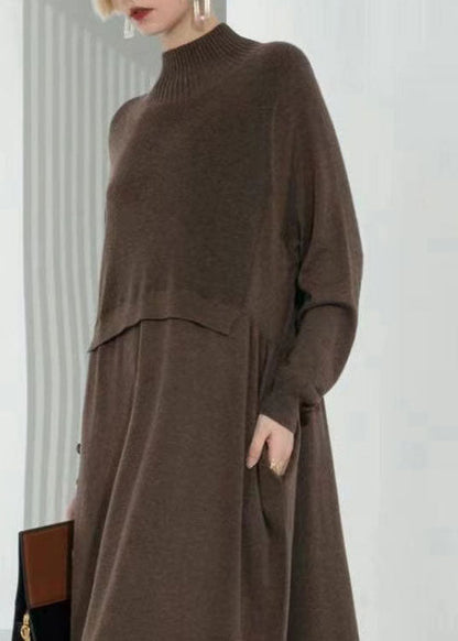 Bohemian Coffee Turtle Neck Patchwork Solid Wool Knit Sweater Dress Long Sleeve