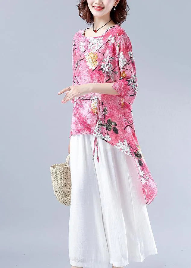 Classy pink Plant printing clothes For Women o neck asymmetric tops
