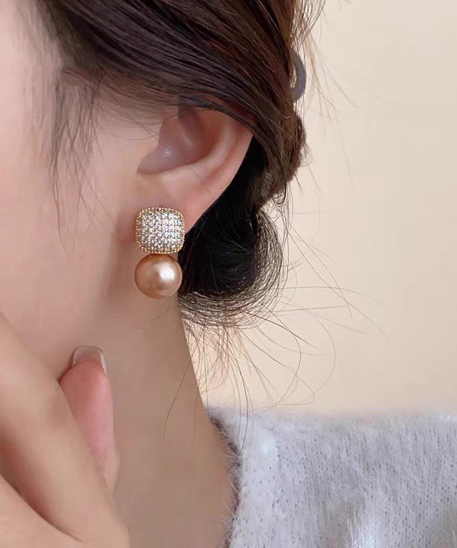 Chic Champagne Copper Overgild Zircon Pearl Stud Earrings