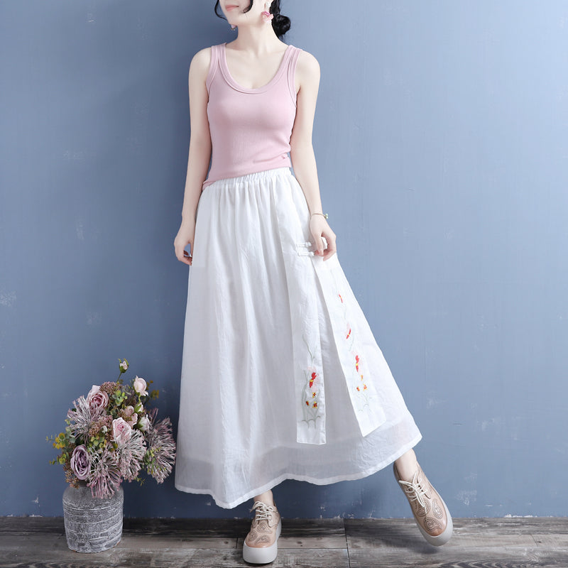 Cozy Retro Loose Cotton Linen Embroidery Skirt