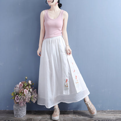 Cozy Retro Loose Cotton Linen Embroidery Skirt