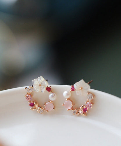 Cute Pink Copper Overgild Zircon Floral Hoop Earrings