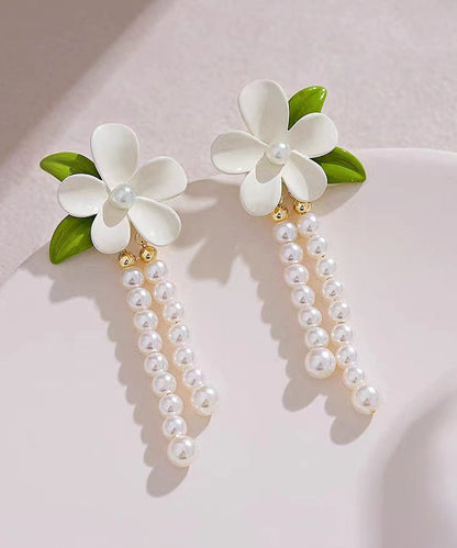 Elegant White Sterling Silver Alloy Pearl Floral Tassel Drop Earrings