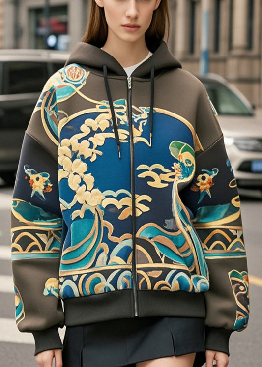 Beautiful Blackish Green Oversized Print Cotton Hoodie Coat Fall