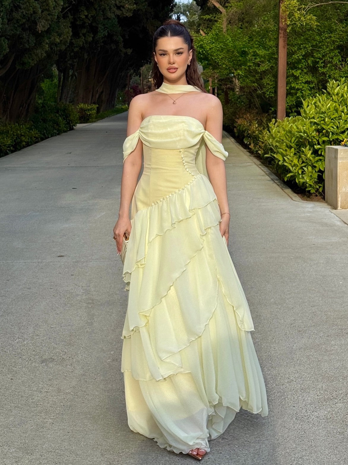 Pale Yellow Tiered Flowy Strapless Evening Gown