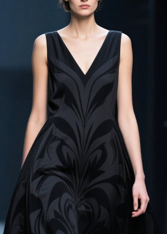French Black V Neck Jacquard Chiffon Robe Dresses Summer
