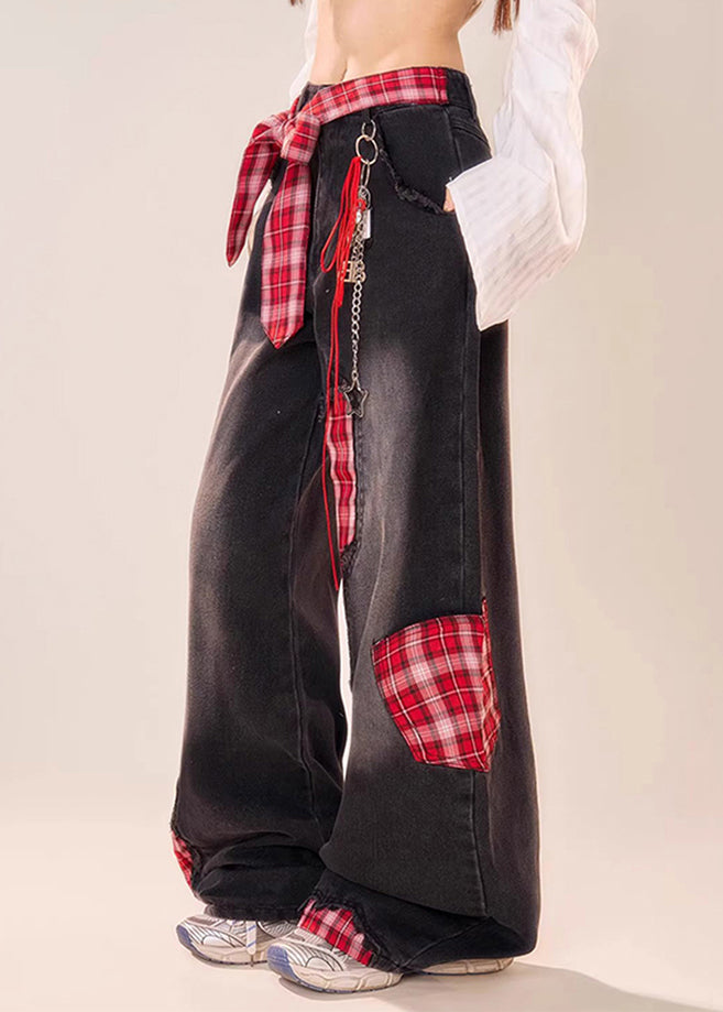 Vintage Black Bow Plaid Patchwork Denim Wide Leg Pants Summer