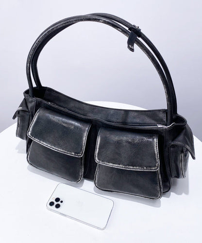 Stylish Black Pockets Durable Faux Leather Satchel Handbag