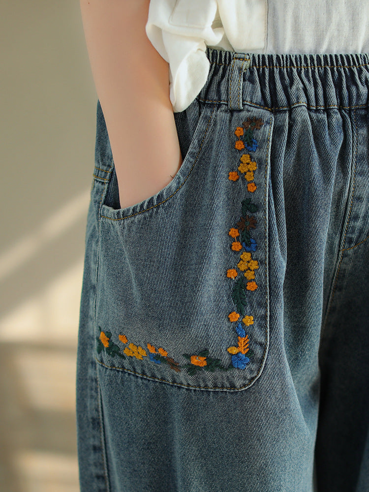 Vintage Ripped Embroidered Denim Harem Pants