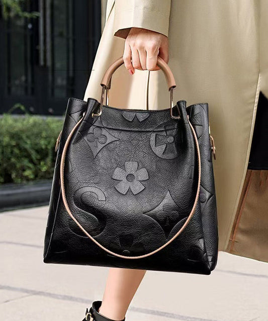 Women Black Emboss Large Capacity Calf Leather Tote Handbag