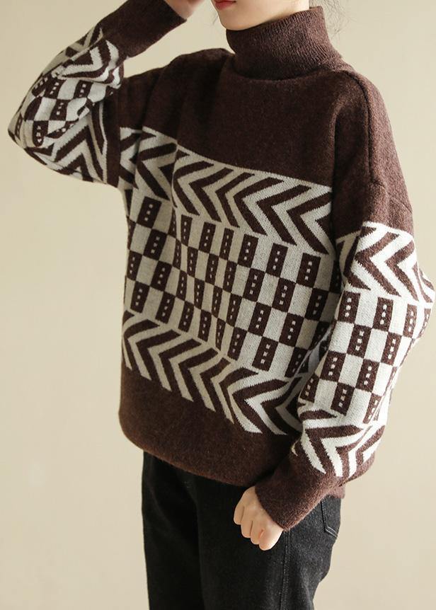 Women chocolate knitted pullover patchwork Loose fitting high neck sweaters