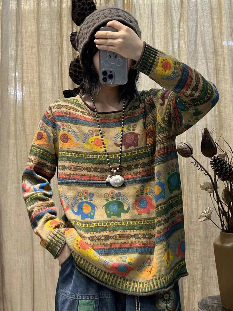 Women Winter Vintage Cotton Print O-Neck Loose Sweater