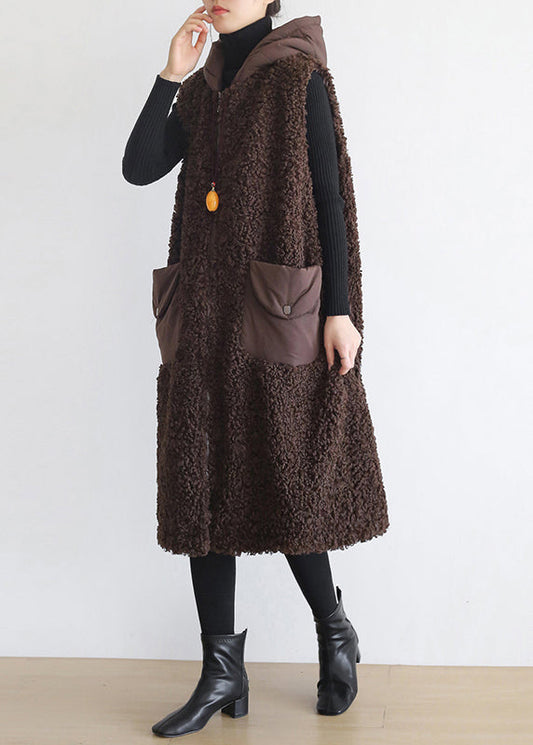 Coffee Colour Pockets Thick Woolen Hoodies Waistcoat Sleeveless