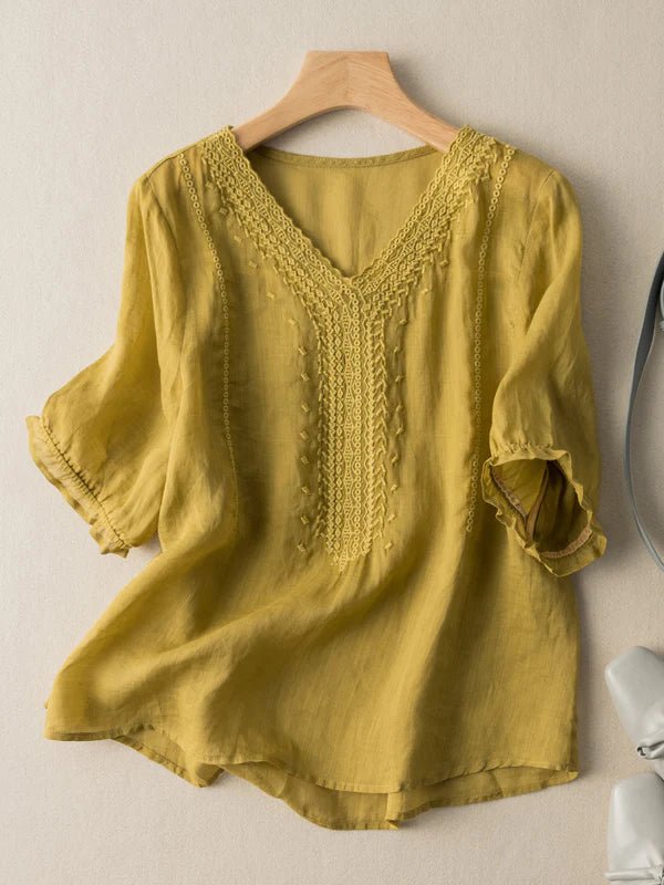 Solid Color V Neck Short Sleeve Casual Linen Top