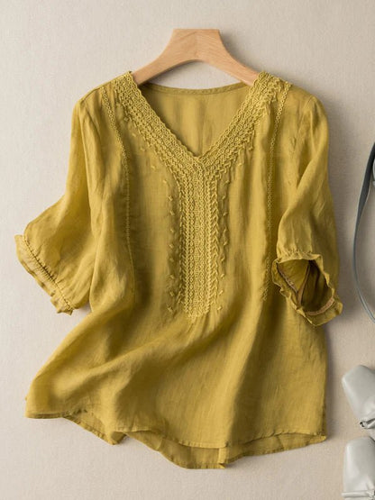 Solid Color V Neck Short Sleeve Casual Linen Top