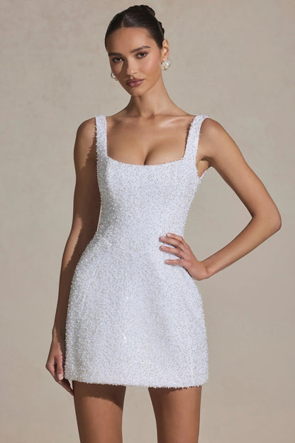 Embellished Structured A-Line Mini Dress In White
