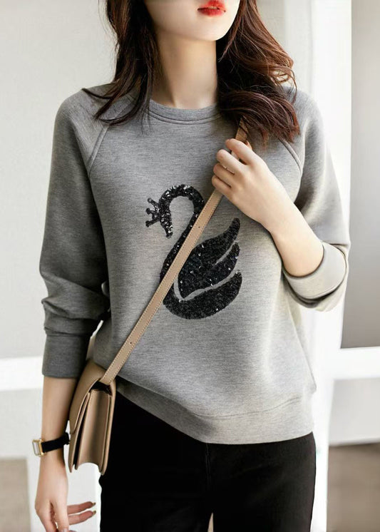 Women Grey O Neck Sequins Cotton Sweatshirt Spring