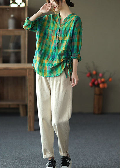 Vintage Green Loose Plaid drawstring Fall Long sleeve Shirt