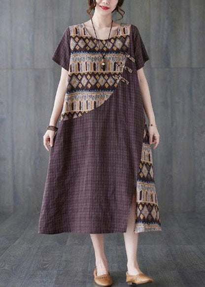 Women Chocolate Patchwork Print Oriental Party Summer Cotton Dress