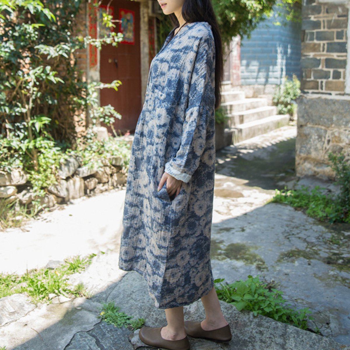 Cotton Linen Casual Loose Fitting Floral Dress Red / Blue