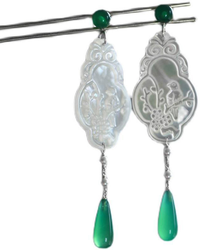 Vintage Green Copper Jade Flowers And Birds Water Droplet Drop Earrings