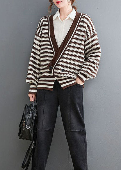 Boho Coffee V Neck Striped Cozy Knit Coat Outwear Spring