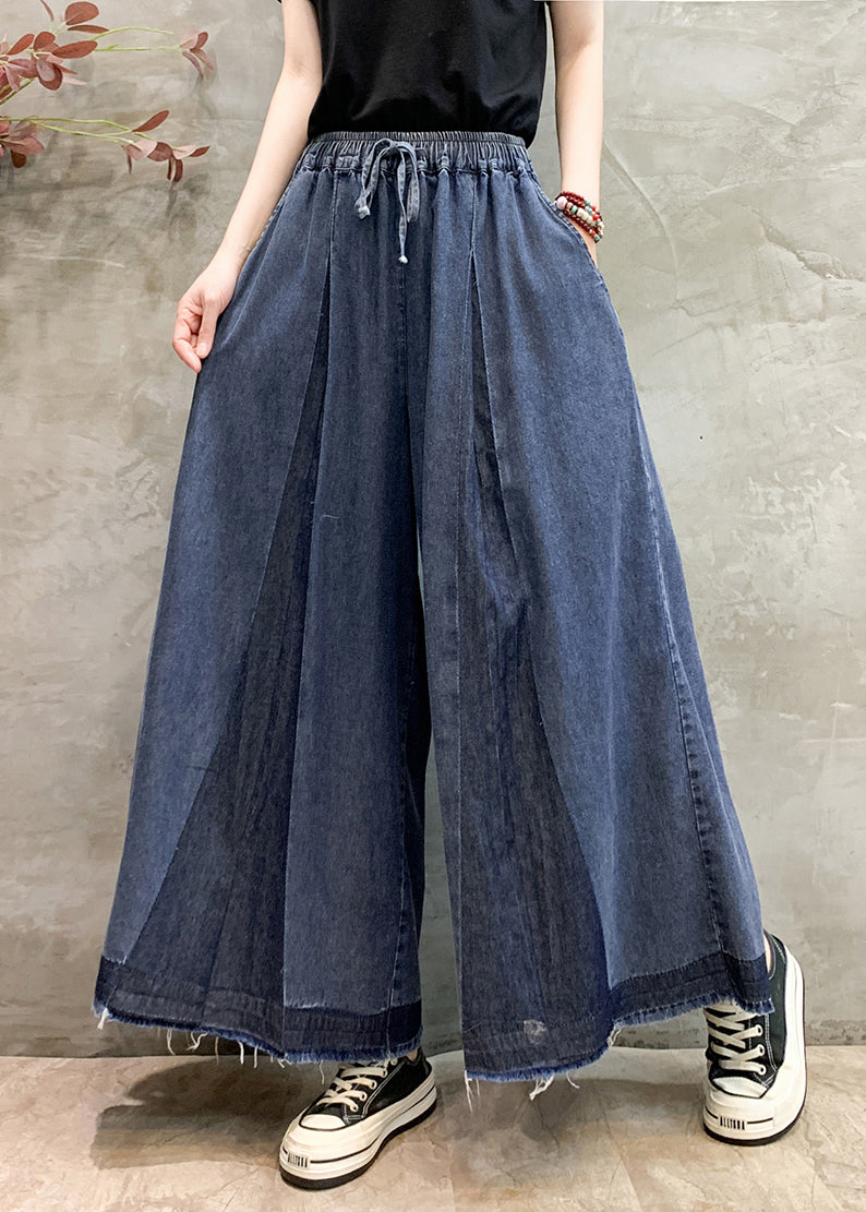 Plus Size Navy Oversized Wrinkled Denim Wide Leg Pants Summer