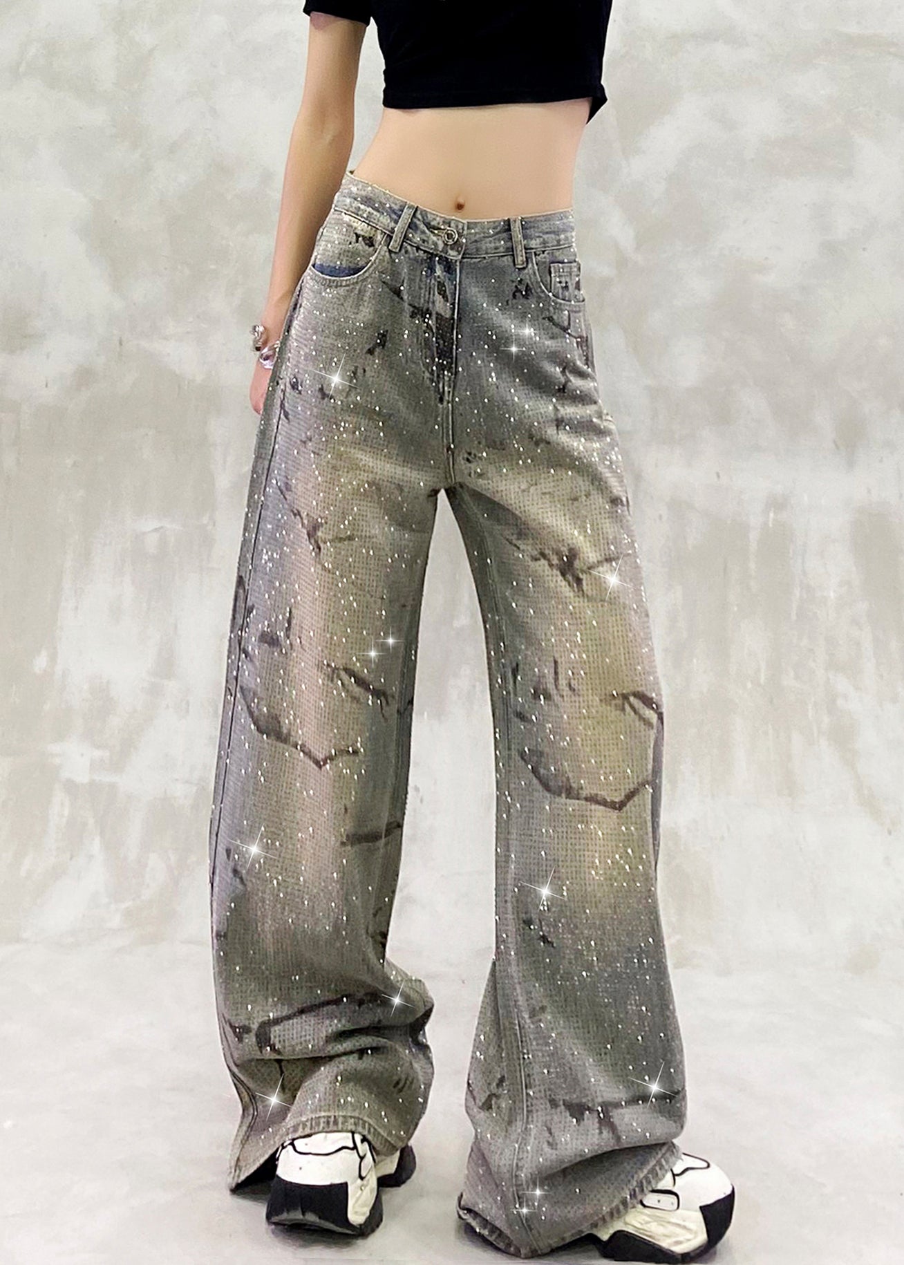 Fashion Blue Pockets Zircon High Waist Denim Pants Fall