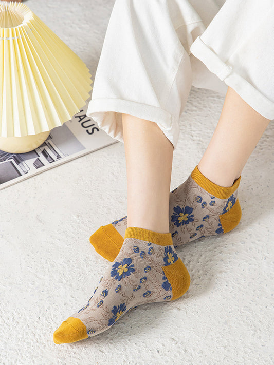 5 Pairs Women Pure Cotton Floral Vintage Boat Socks