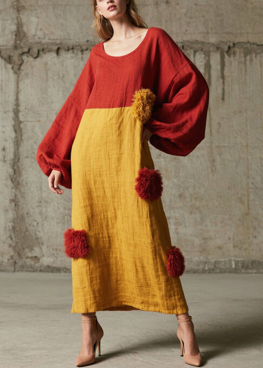 Colorblock Patchwork Maxi Dresses Oversized Fuzzy Ball Decorated Fall