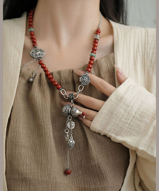 Vintage Colorblock Sterling Silver Gourd Ball Ruyi Lock Pendant Necklace