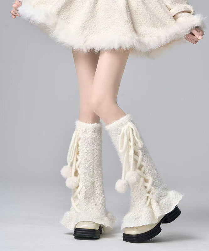 Japanese Style White Cross Strap Fuzzy Fur Fluffy Socks Covers