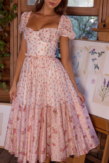 Pink Floral Print Off-Shoulder Puff Sleeve Tiered Midi Dress